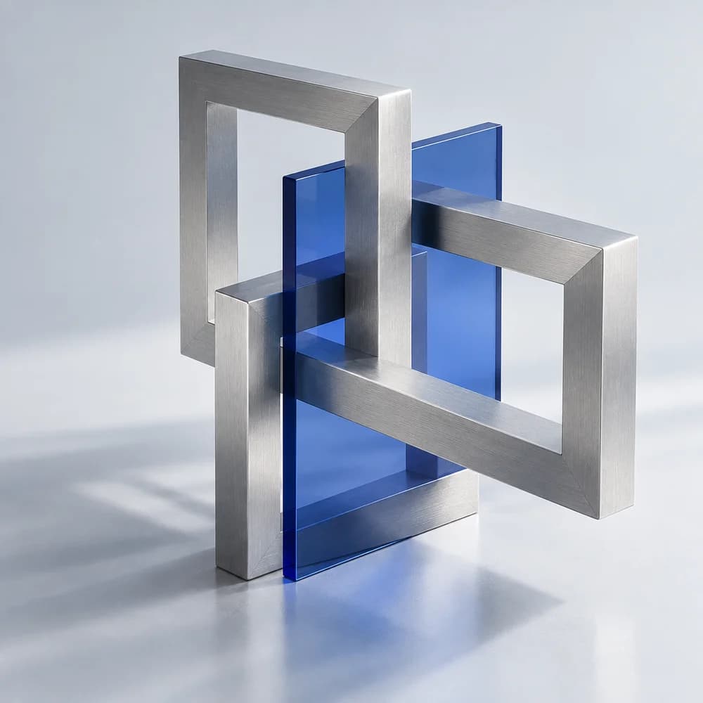 Interlocking aluminium frames and a cobalt glass plane, an abstract study in building things together